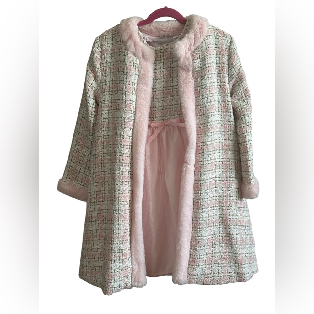 Blueberi Boulevard Girls 2-Piece Pink Tweed Dress & Faux Fur Coat Set Size 7/8